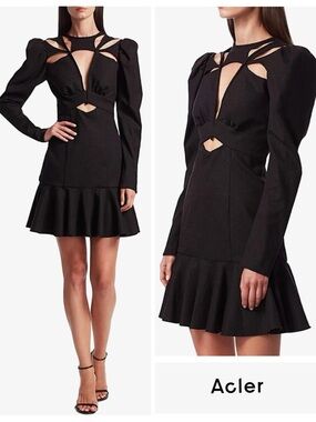 Acler Lapkus Cutout Puff-Sleeve Flounce Hem Mini Dress Charcoal Black 2 EUC